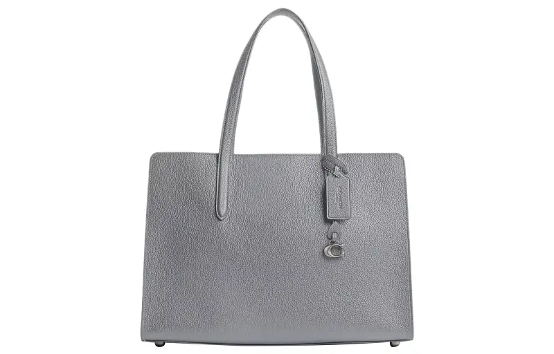 COACH Carter Polished Pebble Leather Tote Bag, Shopping Bag, One Shoulder Handbag Large Women's Gray Blue