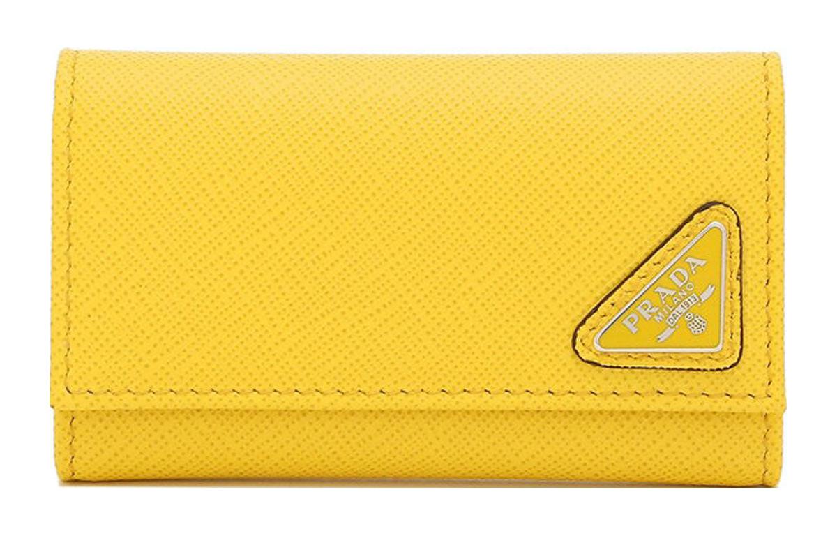 PRADA Prada Saffiano enameled metal triangle logo leather key case men's yellow