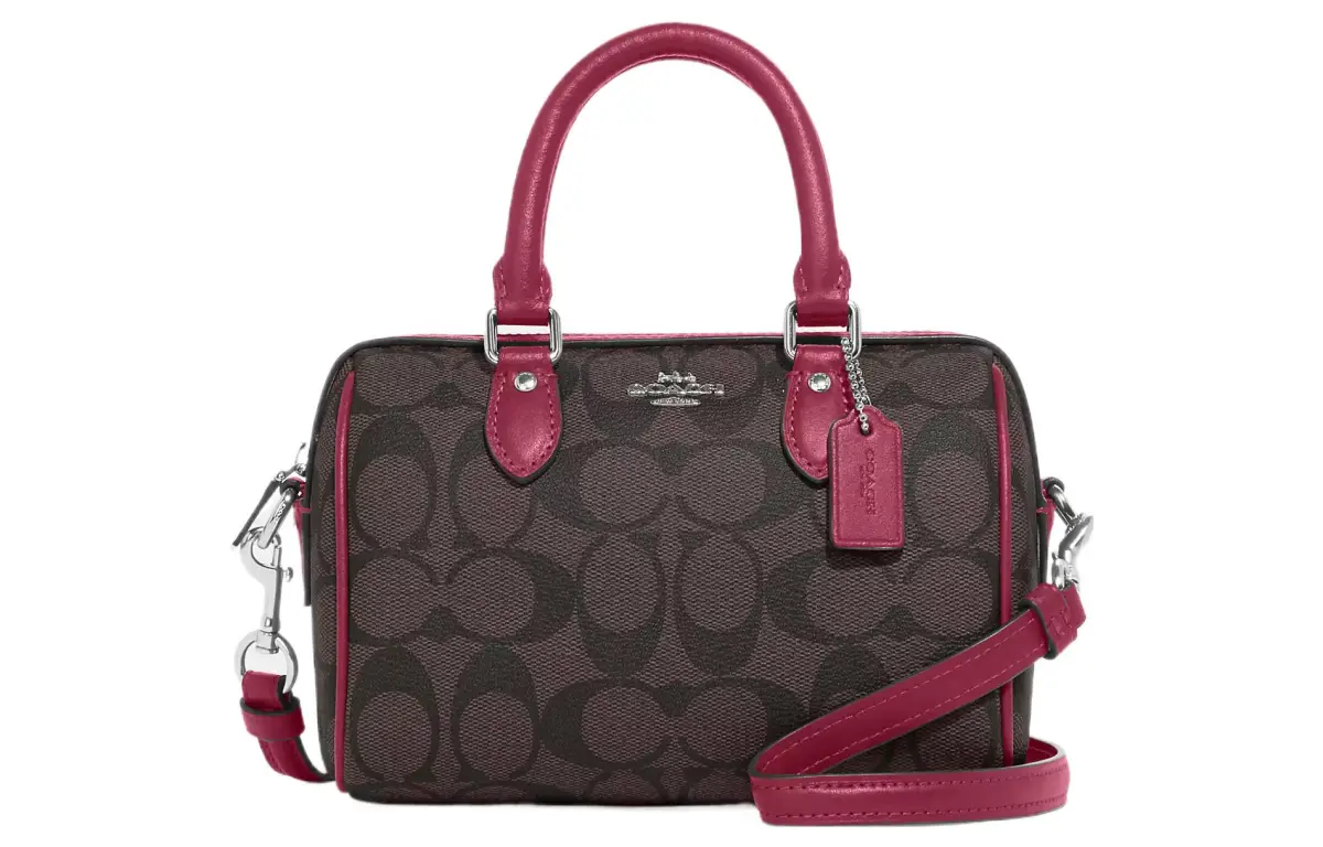 COACH Rowan Coated Canvas With Smooth Leather Boston Bag, Crossbody Handbag Small Women's Coffee & Purple
