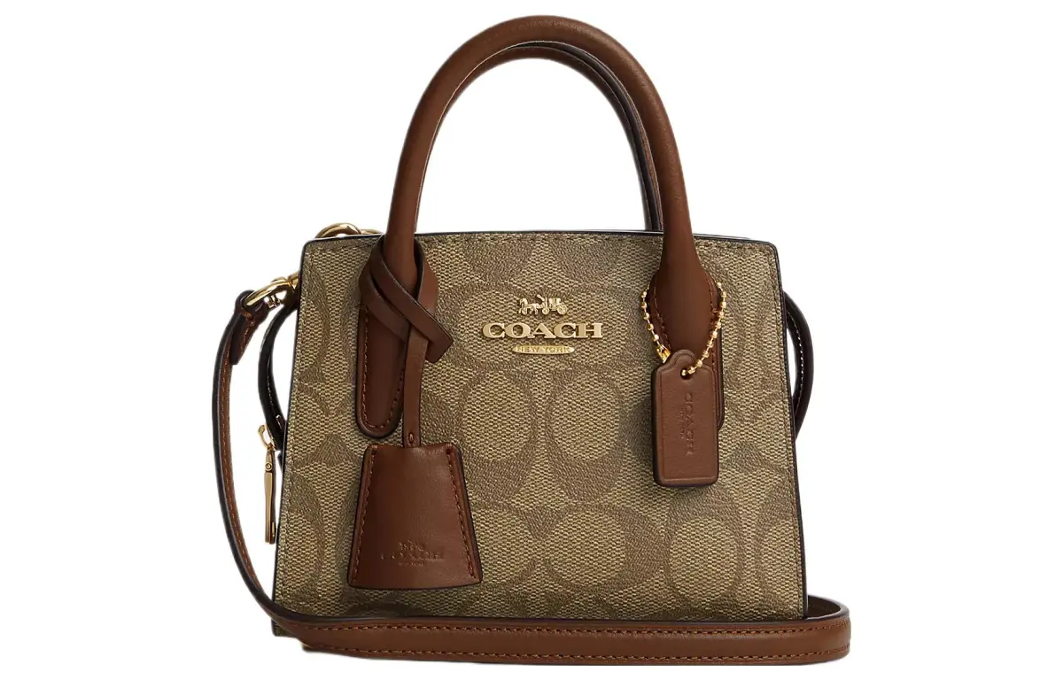 COACH Andrea Coated Canvas With Smooth Leather Tote Bag, Shopping Bag, Handbag Mini Women's Khaki