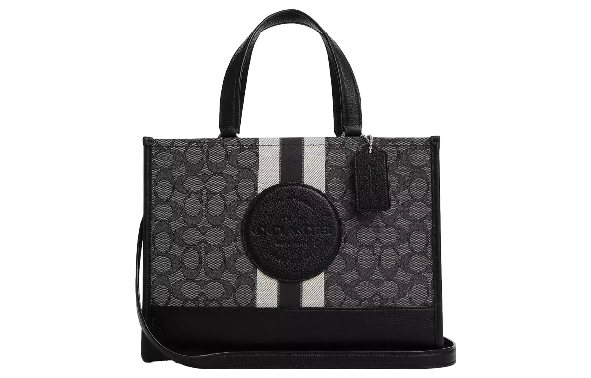 COACH Dempsey Jacquard With Leather One Shoulder Handbag Large Women's Silver & Black