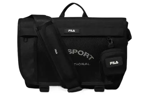 FILA Nylon Messenger Bag, Portable Crossbody Bag, Shoulder Bag Regular Unisex Black