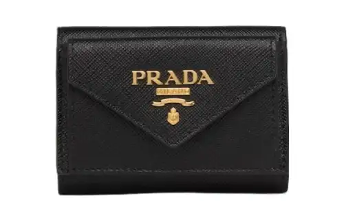 PRADA Saffiano Cow Leather Wallet Mini Women's Black & Pink
