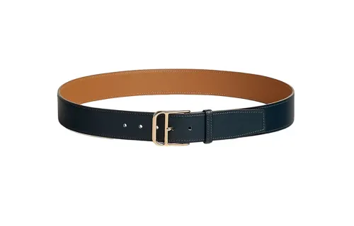 HERMES Gold Pin Buckle Leather Belts Men's Dark Blue Width 3.5cm