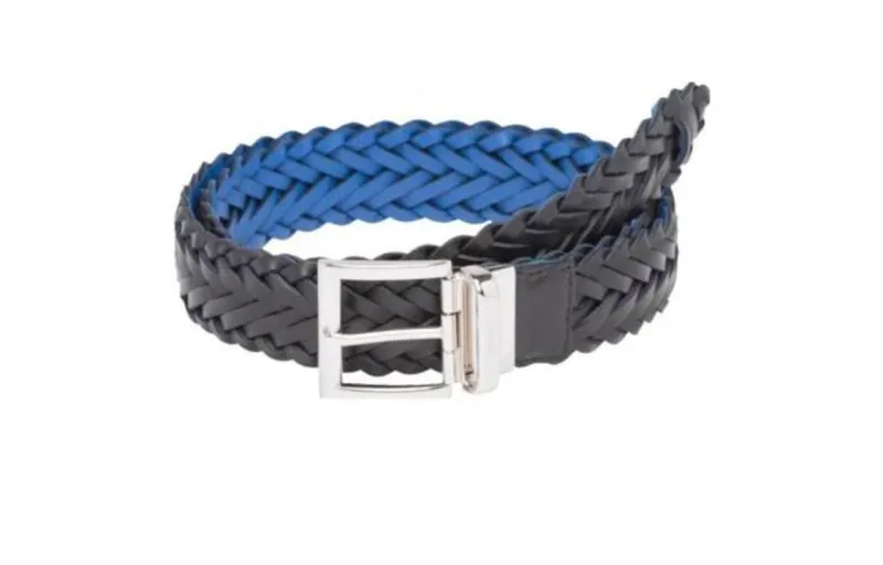 PRADA Square Metal Pin Buckle Leather Belts Men's Blue Black Width 3.3cm
