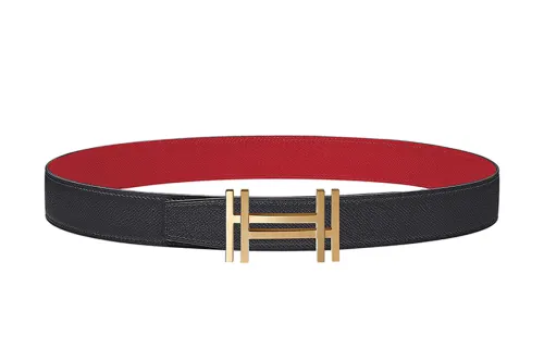 HERMES Double H Interlocking Buckle Leather Belts Men's Red Width 3.2cm