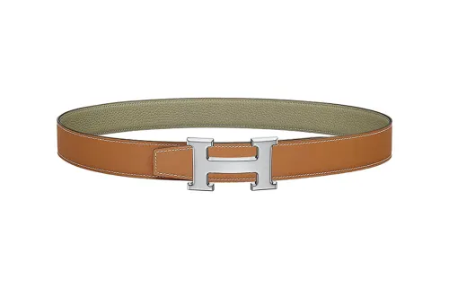 HERMES H Letter Smooth Buckle Leather Belts Men's Khaki Width 3.2cm