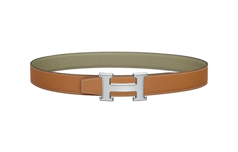 HERMES H Letter Smooth Buckle Leather Belts Men's Khaki Width 3.2cm