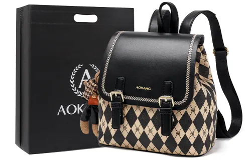 AOKANG PVC With Synthetic Leather Backpack Medium Women's Black/Coffee Brown/Cream Apricot