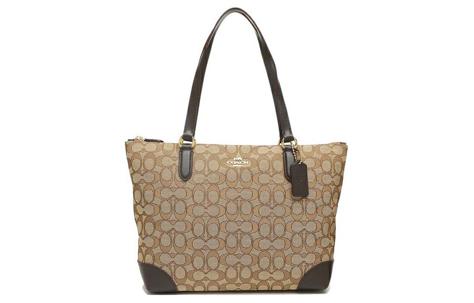 COACH City Zip Tote Canvas With Leather Tote Bag, Shopping Bag, Handbag, Shoulder Bag Large Women's Beige Brown