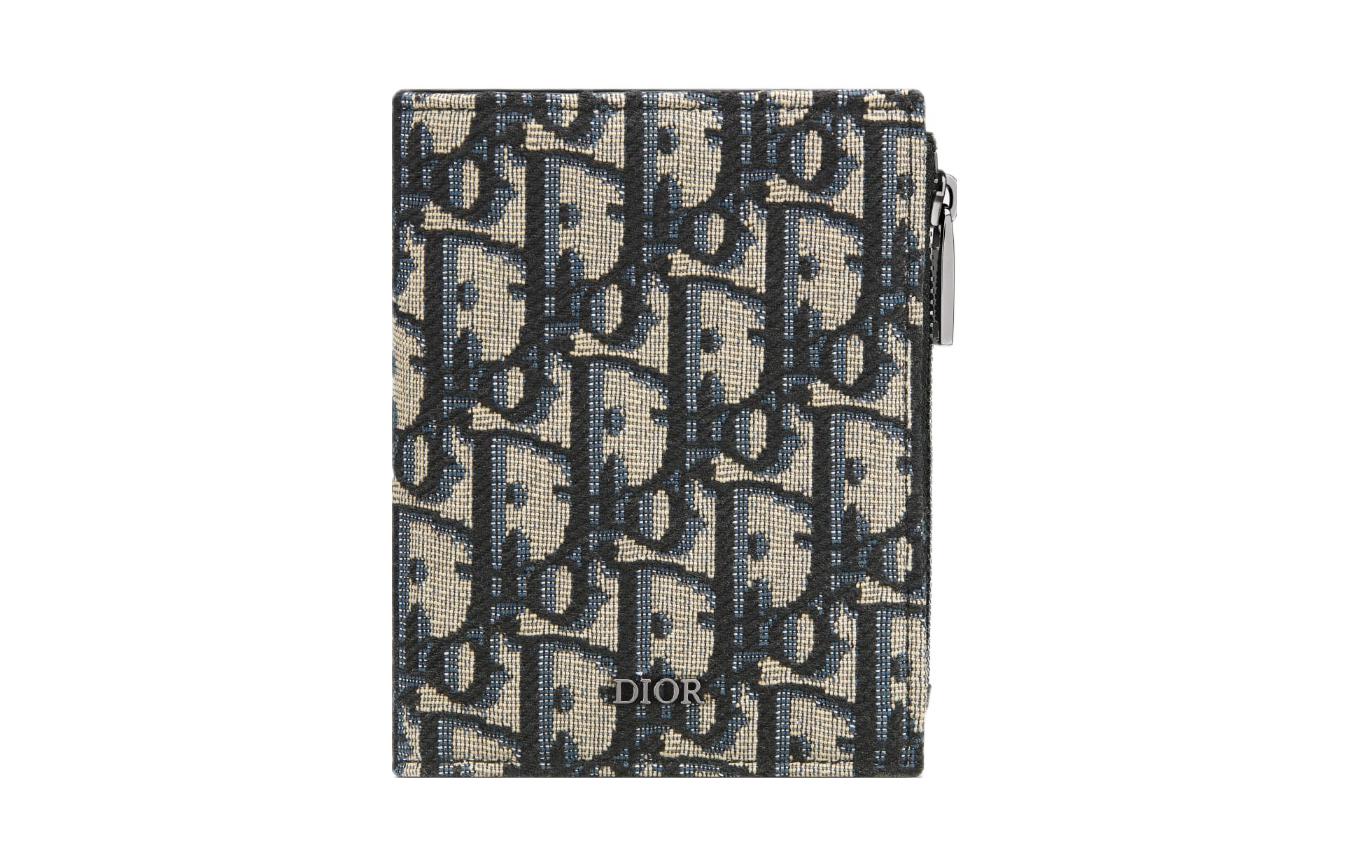 DIOR Dior letter logo bi-fold design Oblique jacquard fabric card holder men's beige and black