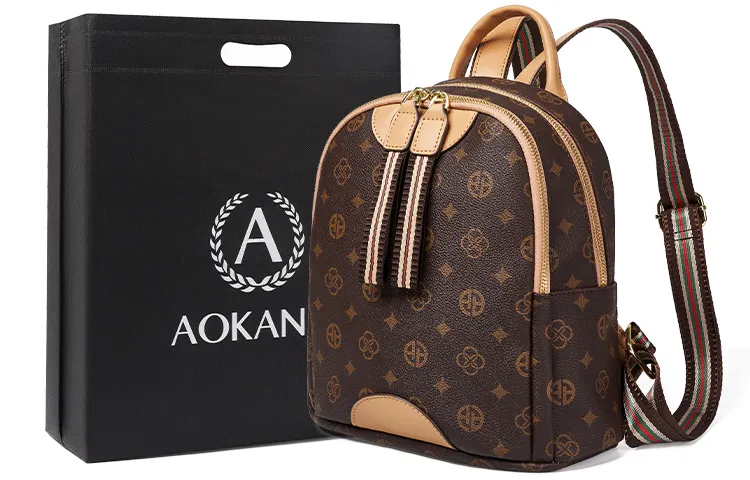 AOKANG PVC Portable Backpack Monogram Bag Commuter Bag Regular Women's Coffee/White