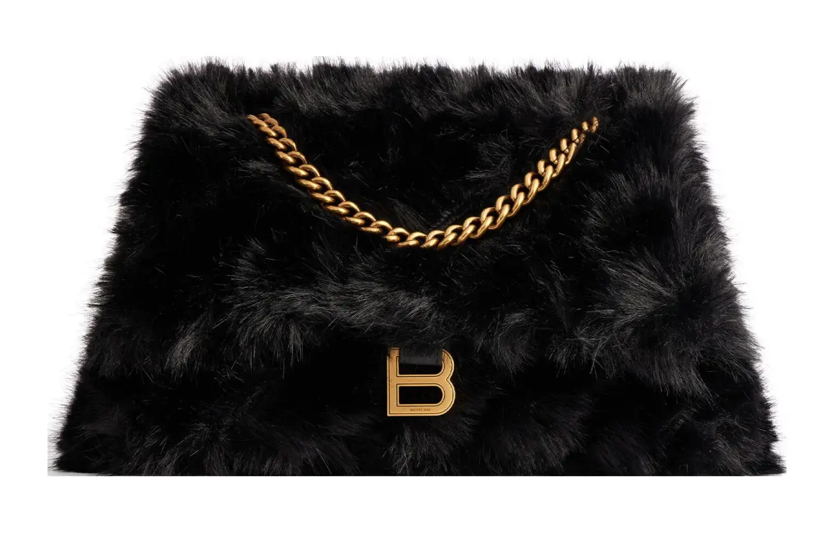 Balenciaga Crush Faux Fur Handbag, Shoulder Bag Women's Black