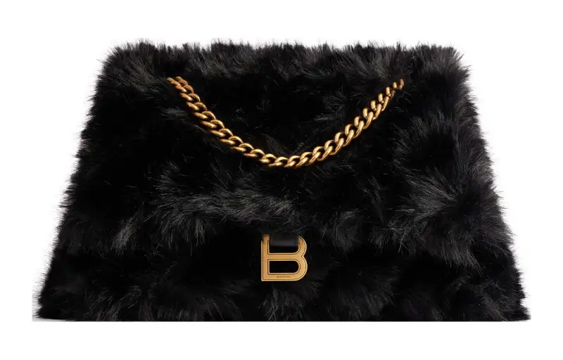 Balenciaga Crush Faux Fur Handbag, Shoulder Bag Women's Black