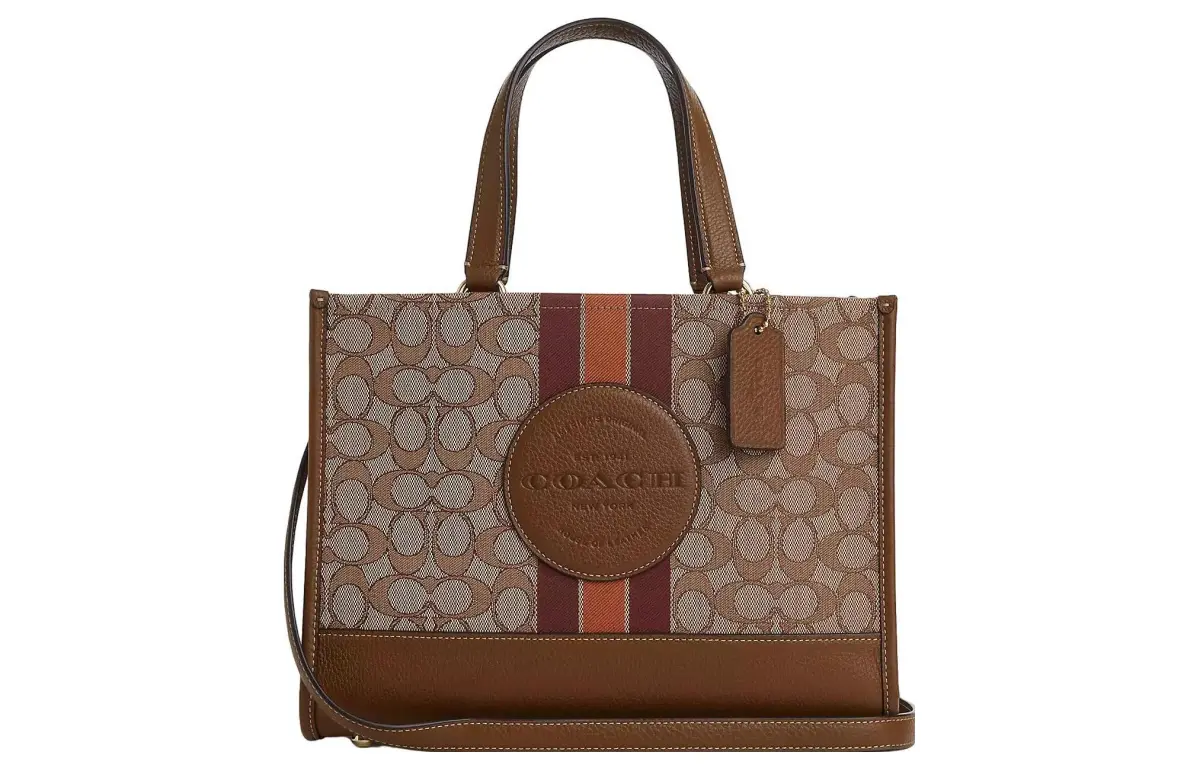 COACH Dempsey Fabric With Cow Leather One Shoulder Handbag Large Women's Khaki & Saddle Brown