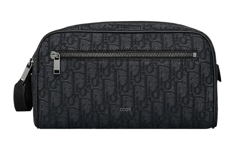 DIOR Oblique Jacquard With Grain Cow Leather Toiletry Bag Men's Black
