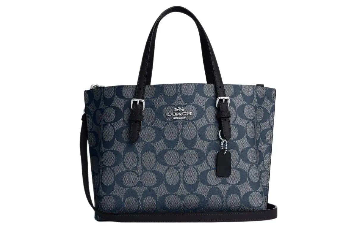 COACH Mollie Coated Canvas With Leather Tote Bag, Shopping Bag, Handbag 25 Women's Silver & Midnight Marine Blue