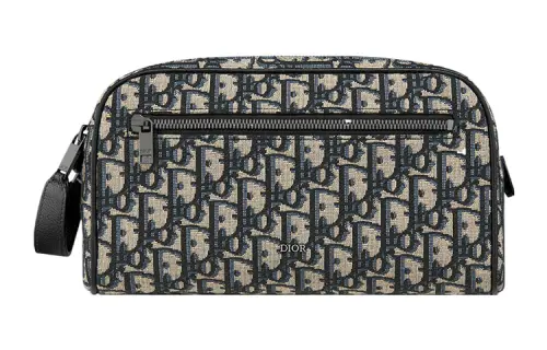 DIOR Oblique Jacquard With Grain Cow Leather Toiletry Bag Men's Beige & Black