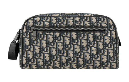 DIOR Oblique Jacquard With Grain Cow Leather Toiletry Bag Men's Beige & Black