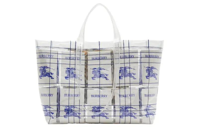 Burberry Polyurethane Tote Bag, Shopping Bag, Handbag Men's White & Blue