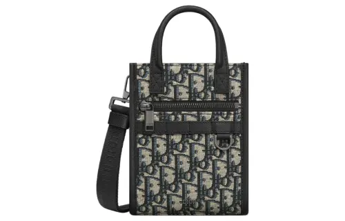 DIOR Oblique Printed Fabric And Grain Cow Leather Shoulder Bag Handbag Mini Men's Beige & Black