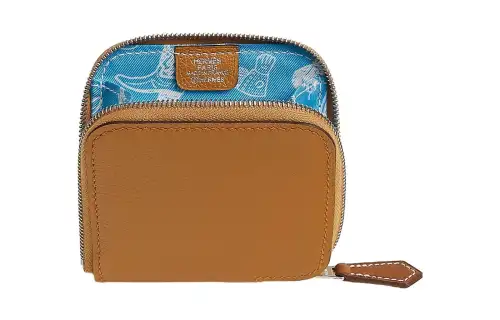 HERMES Silk'In Evercolor Calfskin Coin Purse Women's Caramel Brown & Blue