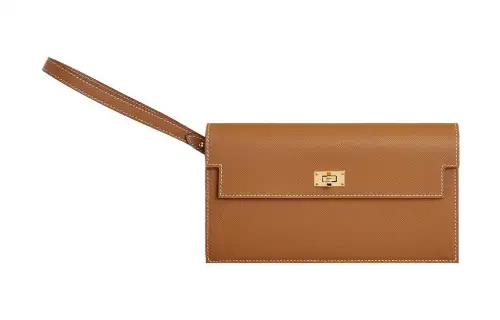 HERMES Kelly Pocket Gold tone Lock Madame Calfskin Long Wallet Women's 37 Gold Brown