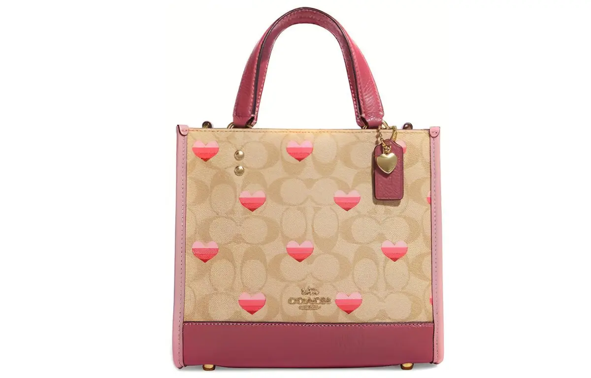 COACH Dempsey Canvas, Leather Tote Bag, Shopping Bag, Crossbody Bag Small Women's Brown & Pink