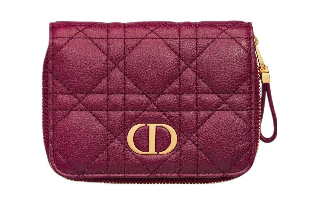 DIOR Caro Soft Wicker Pattern Calfskin Wallet Women's Scarlet