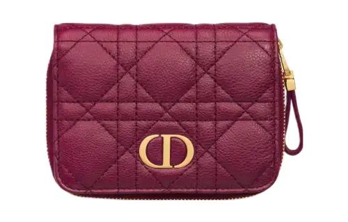 DIOR Caro Soft Wicker Pattern Calfskin Wallet Women's Scarlet