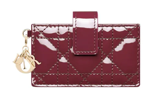 DIOR Patent Leather Calfskin Card Holder Women's Dark Purple Red