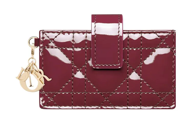 DIOR Patent Leather Calfskin Card Holder Women's Dark Purple Red