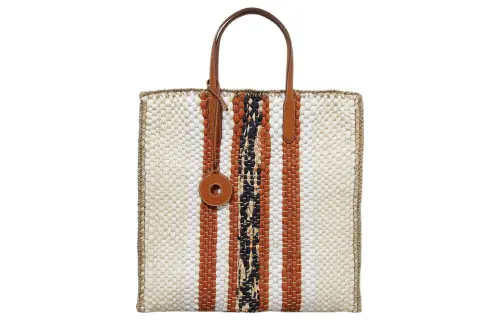 Loro Piana Wool Silk Blend With Leather Trim Tote Bag, Shopping Bag, Handbag Women's Camel Multicolor