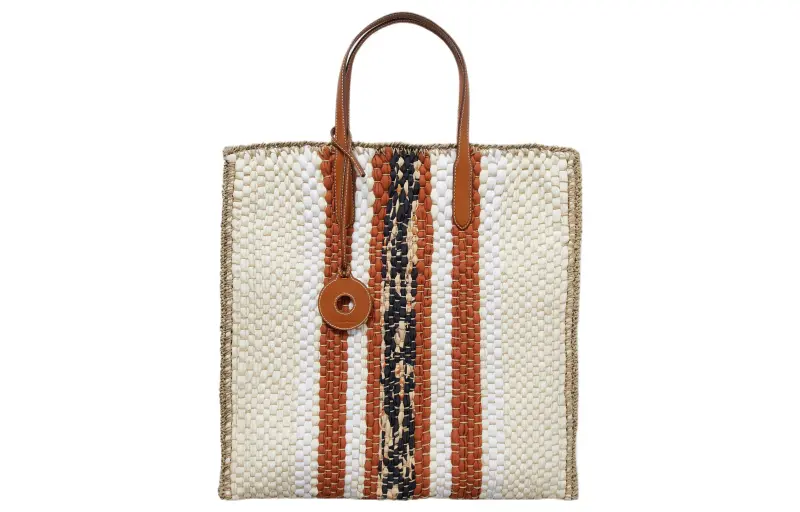Loro Piana Wool Silk Blend With Leather Trim Tote Bag, Shopping Bag, Handbag Women's Camel Multicolor