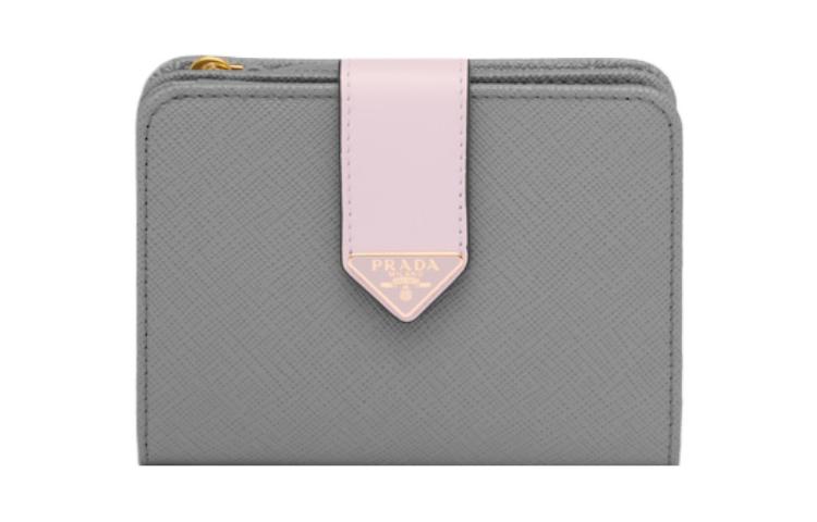 PRADA Prada Saffiano Enamel Metal Triangle Logo Leather Wallet Small Women's Slate Gray with Alabaster Pink