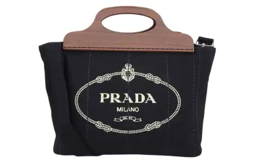 PRADA Canvas With Wood Canvas Shoulder Bag, Handbag Women's Black