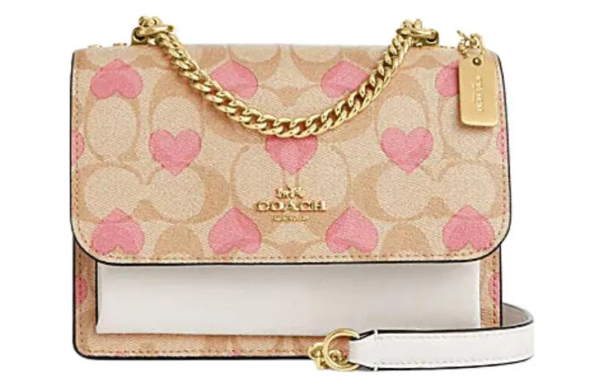 COACH Klare Canvas With Leather Chain Bag, Shoulder Bag, Crossbody Bag Small Women's Light Khaki & Chalk White