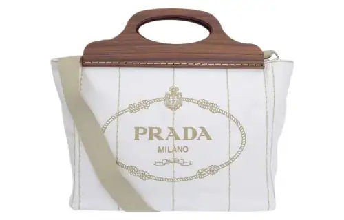 PRADA Canvas With Wood Canvas Shoulder Bag, Handbag Women's White