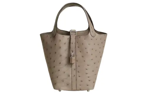 HERMES Picotin Lock Ostrich Leather Basket Bag, Bucket Bag, Handbag 18 Women's 81 Gris Tourterelle Dove Gray