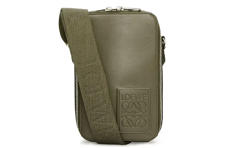 LOEWE Satin With Cow Leather Shoulder Bag, Crossbody Bag Men's Khaki Green
