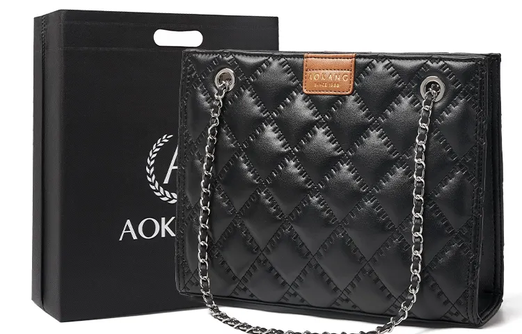 AOKANG Cow Leather Tote Chain Diamond Pattern Crossbody Bag, Shoulder Bag, Commuter Bag Women's Hepburn Black/Ecru