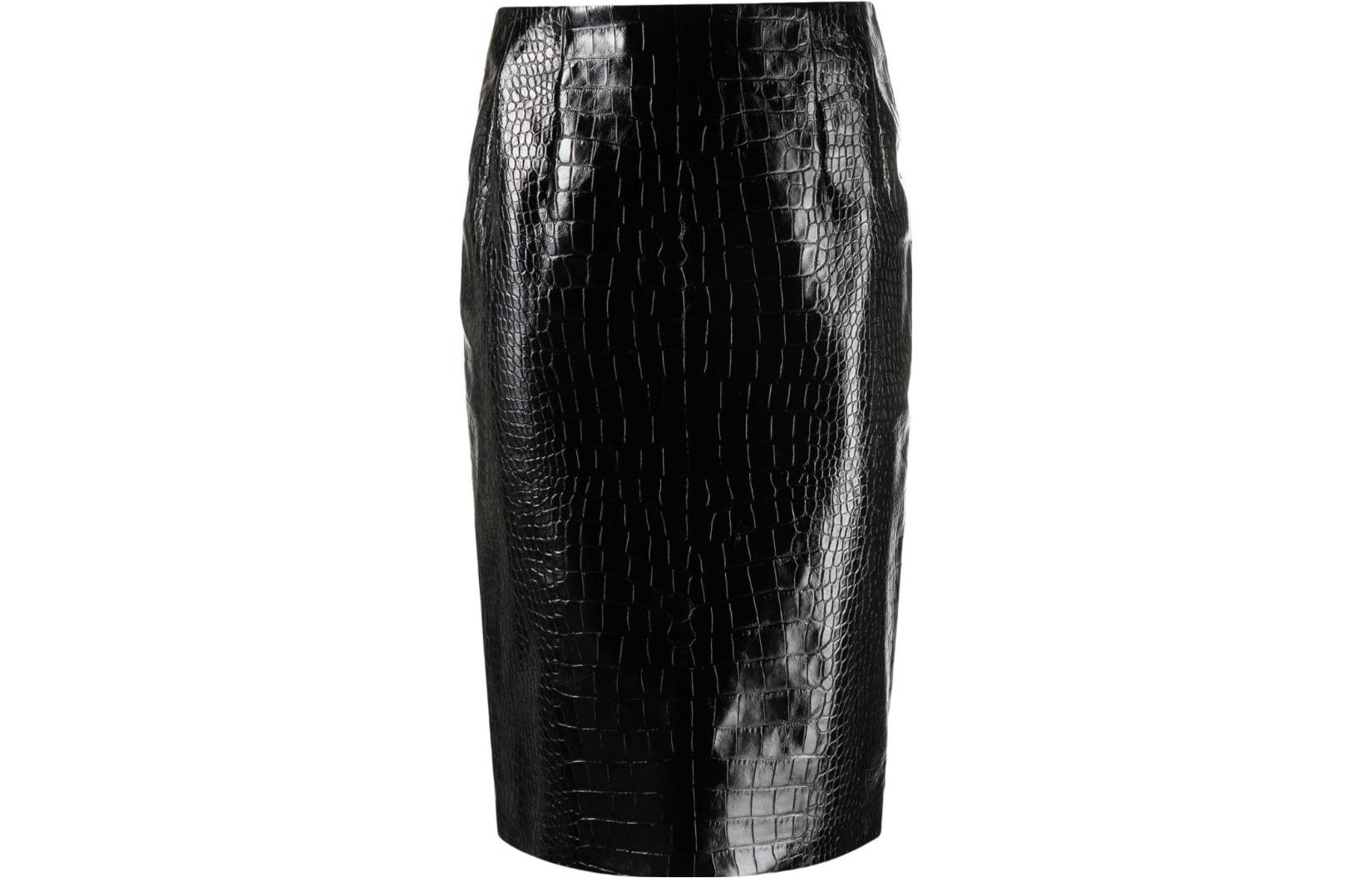 VERSACE Versace, black long skirt, crocodile print, classic length