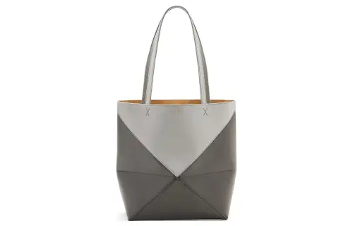 LOEWE Shiny Cow Leather Tote Bag, Shopping Bag, Handbag Medium Women's Pearl Gray & Dark Gray