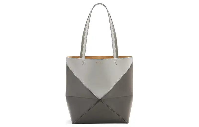 LOEWE Shiny Cow Leather Tote Bag, Shopping Bag, Handbag Medium Women's Pearl Gray & Dark Gray