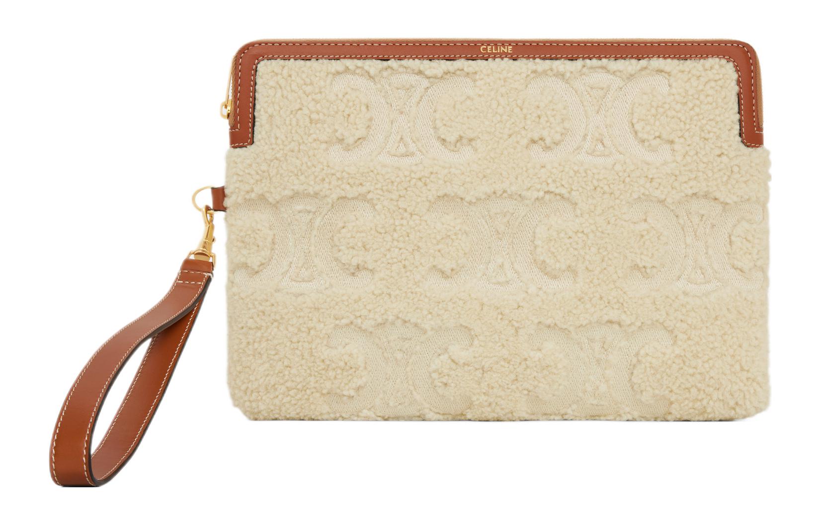 CELINE Triomphe Embroidery Shearling Clutch Small Women's Natural & Tan