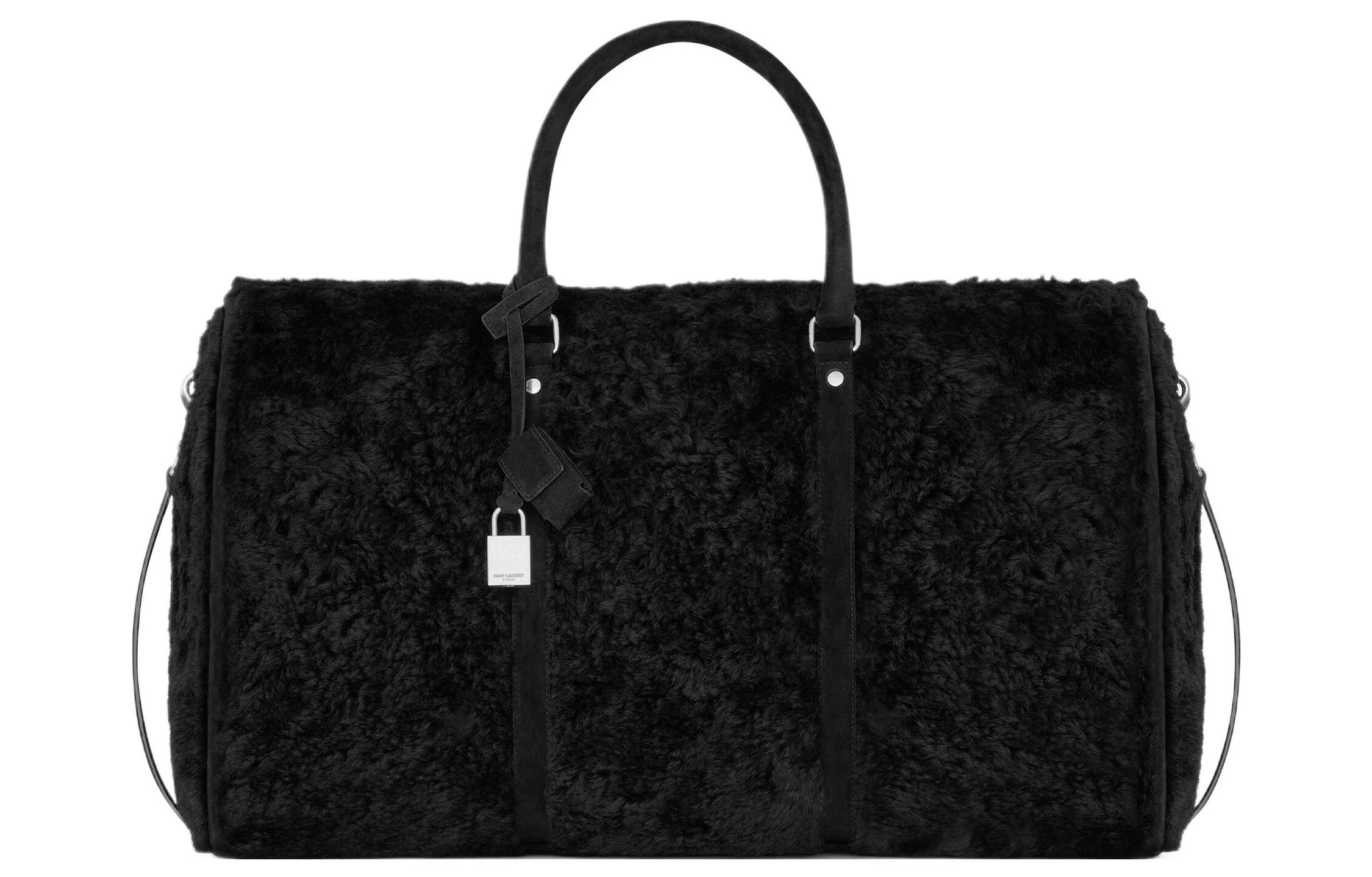 SAINT LAURENT Zip Closure Shearling With Suede Handbag Travel Bag Men's Black