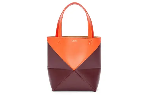 LOEWE Shiny Cow Leather Handbag Mini Women's Vibrant Orange & Burgundy Red