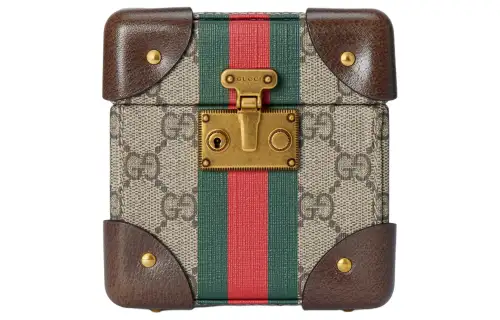 GUCCI Canvas With Leather Wrist Watch Box Storage Box Hard Case Unisex Beige & Ebony