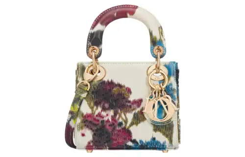 DIOR Lady Dior Floral Print Calfskin Handbag Crossbody One Shoulder Handbag Micro Women's Milk White