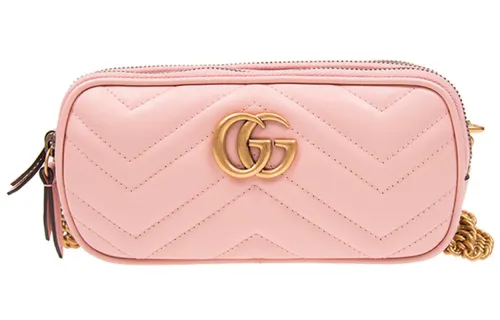 GUCCI GG Marmont Zip Closure Cow Leather Chain Bag, Shoulder Bag, Crossbody Bag Mini Women's Pink Candy